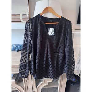 NWT Talbots Black Long Sleeve Polka Dot Split Neck Blouse Size Medium
